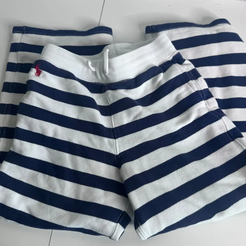 Set of 2 POLO Ralph Lauren Fleece Girls Wide Leg Sweatpants 6/6x Navy/Stripes